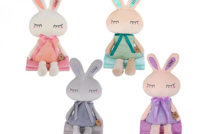 Подушка-игрушка 7-я Заяц Love с лентой велюр +плед 85*120 м/ф (ТАЧ) фото |от производителя компании Одеялко